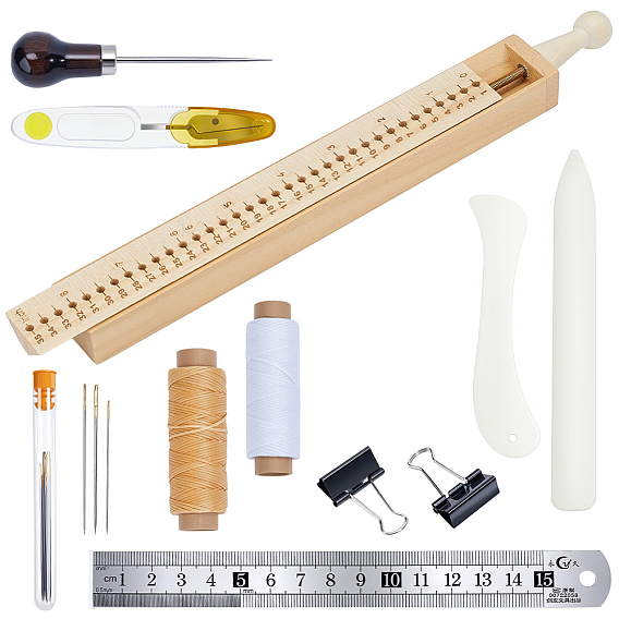 Наборы инструментов для переплета книг по дереву, включая иглы, резать ножницами, шила, папка с костями, шнур, правитель, зажимы