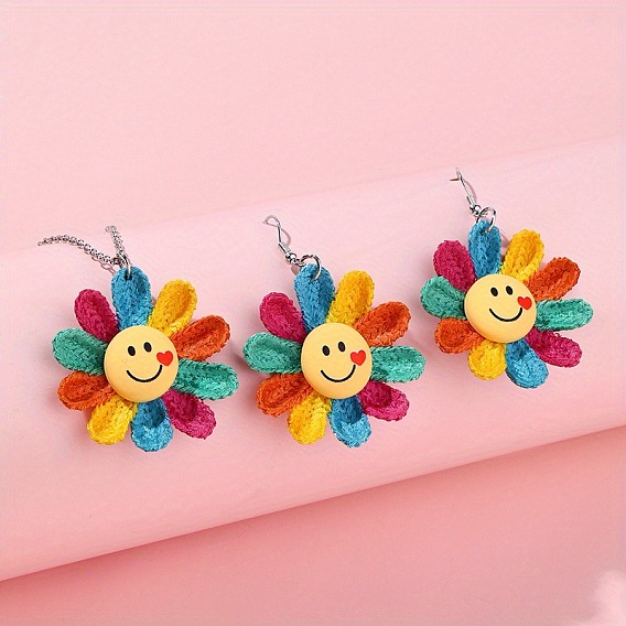 Комплекты ожерелий и серег с подвесками из смолы, полиэстера и сплава в виде улыбающегося подсолнечника