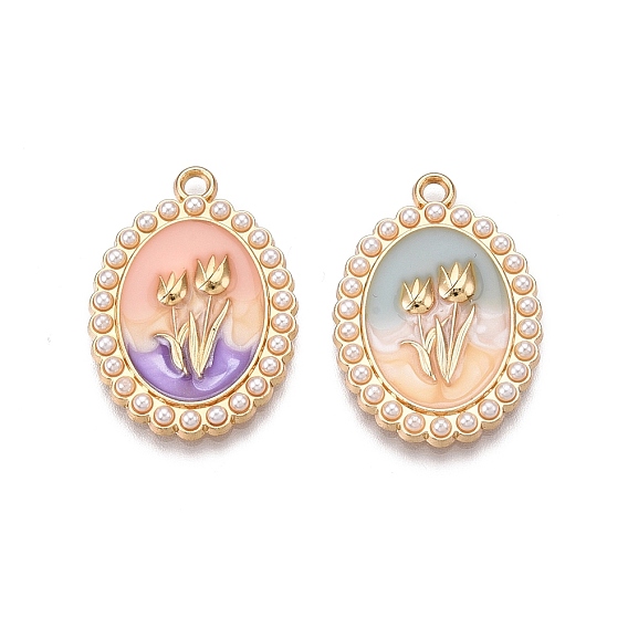 Стойки обшивки сплава эмали подвески, с ABS имитации жемчуга, без кадмия, без никеля и без свинца, золотой свет, овал с цветочной подвеской