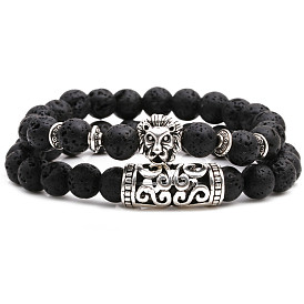 Natural Stone Beaded Bracelet Set with Owl, Buddha and Lion Charms
