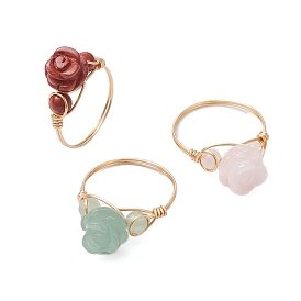 Valentine's Day Rose Natural Red Jasper & Green Aventurine & Rose Quartz Finger Rings, Golden Tone Copper Wire Wrapped Rings for Women