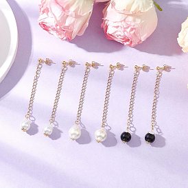 Glass Imitation Pearl Round Tassel Stud Earrings, with Acrylic Bead Caps & 304 Stainless Steel Chain Extenders & Brass Stud Earring Findings & Brass Friction Ear Nuts, Golden