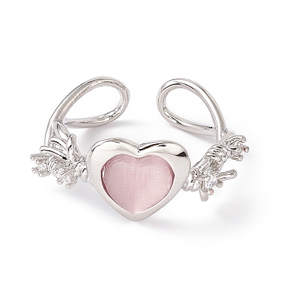 Glass Heart with Flower Open Cuff Ring, Platinum Brass Hollow Ring for Women
