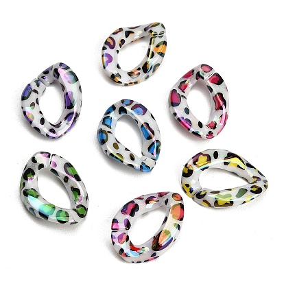 UV Plating Printed Opaque Acrylic Beads, Large Hole Beads, Iridescent, Twist with Leopard Print