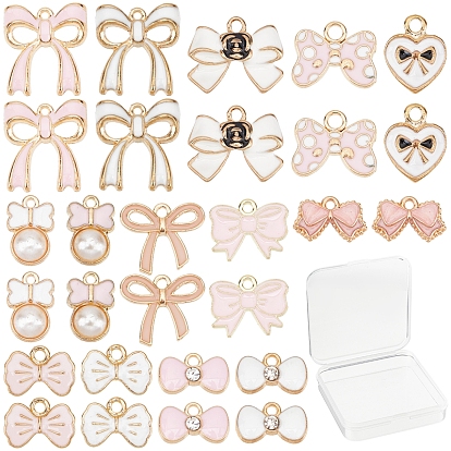 56Pcs 14 Style Alloy Enamel Charms, with ABS Plastic Imitation Pearl, with Crystal Rhinestone, Light Gold, Mixed Bowknot