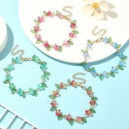 4Pcs 4 Color Acrylic & Glass Beaded Flower Linnk Chain Bracelets Set, Golden 304 Stainless Steel Jewelry for Women