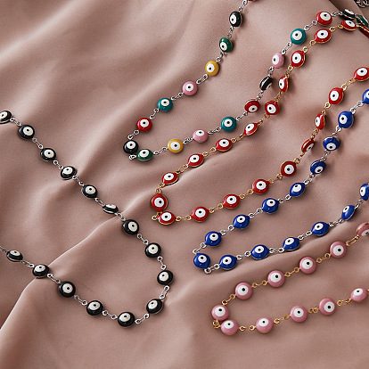 Vintage Style 304 Stainless Steel Enamel Evil Eye Link Chain Necklaces for Women, Golden