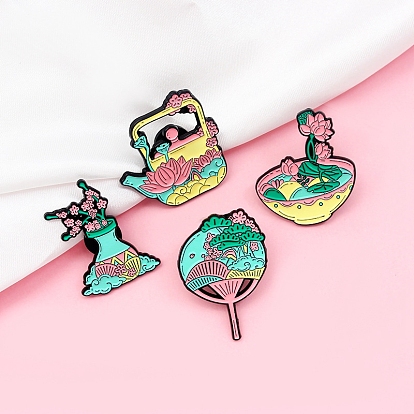 Spring Theme Alloy Brooches, Enamel Flower Lapel Pin, for Backpack Clothes, Teaopt/Bowl/Bottle/Fan