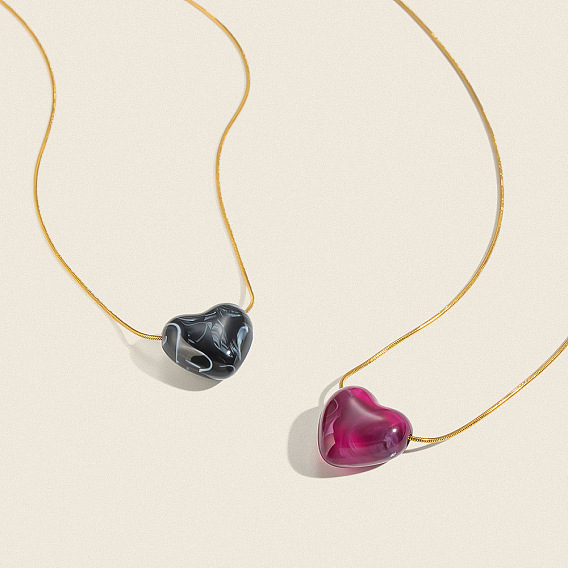 Resin Heart Pendant 304 Stainless Steel Round Snake Chain Necklaces for Women, Golden