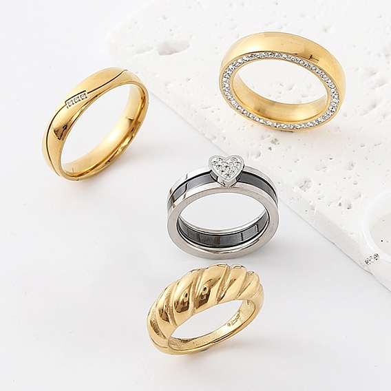304 Stainless Steel Rhinestone Finger Rings for Women