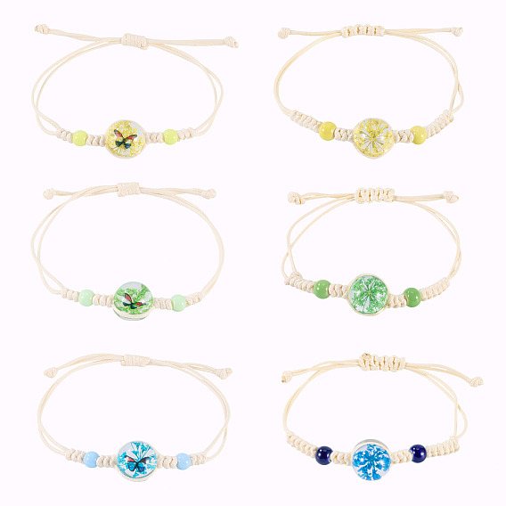 6шт. 6 стили браслеты из стеклянных бусин, плетеные из бусин, регулируемые женские браслеты из нейлоновой нити