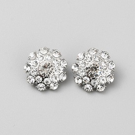 Boutons à tige en alliage à 1 trous, avec strass, fleur, platine