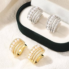 Серьги-каффы из латуни с микропаве из кубического циркония, с ABS имитации жемчуга, долговечный, без свинца и без кадмия