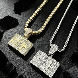 Religion Alloy Crystal Rhinestone Bible Book Pendant Rope Chain Necklaces