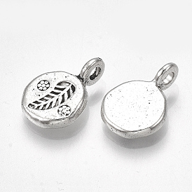 Tibetan Style Alloy Pendants, Cadmium Free & Lead Free, Flat Round with Leaf