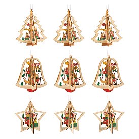 9Pcs 3 Styles Wooden Christmas Mixed Shapes Ornaments, Wood Holiday Hanging Decorations with Rope