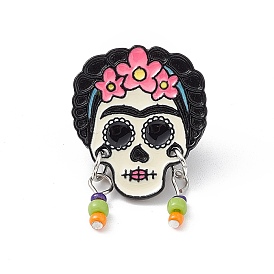 Flower Skull Enamel Pin with Glass Seed Beaded, Electrophoresis Black Alloy Brooch for Backpack Clothes