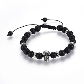 Adjustable Natural Black Agate(Dyed) Braided Bead Bracelets, with Stainless Steel Beads and Tibetan Style Spacer Beads, Skull