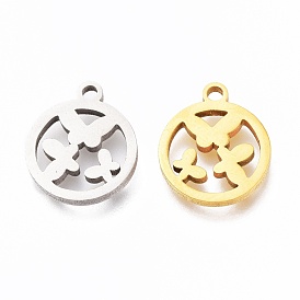 Ion Plating(IP) 201 Stainless Steel Charms, Laser Cut, Ring with Butterfly