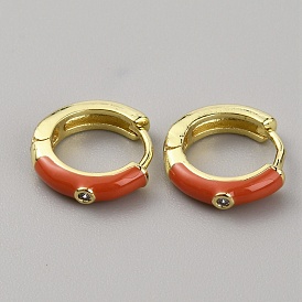 Enamel Hoop Earrings with Clear Cubic Zirconia, Light Gold Brass Jewelry for Women