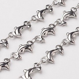 304 Stainless Steel Dolphin Link Chains, Decorative Chains, Soldered, with Spool, 12x6x2mm