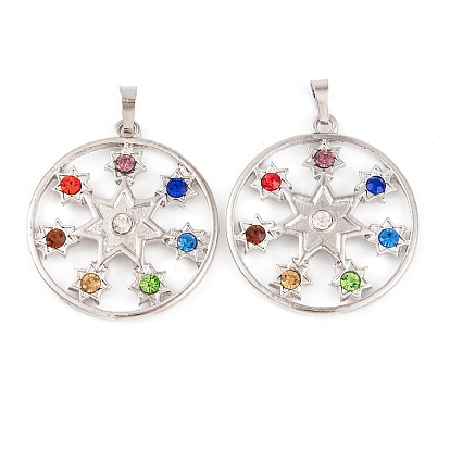 Chakra Alloy Micro Pave Rhinestone Pendants, Long-Lasting Plated, Lead Free & Cadmium Free, Flat Round with Star