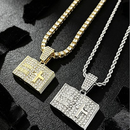 Religion Alloy Crystal Rhinestone Bible Book Pendant Rope Chain Necklaces