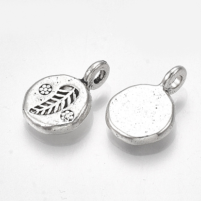 Tibetan Style Alloy Pendants, Cadmium Free & Lead Free, Flat Round with Leaf