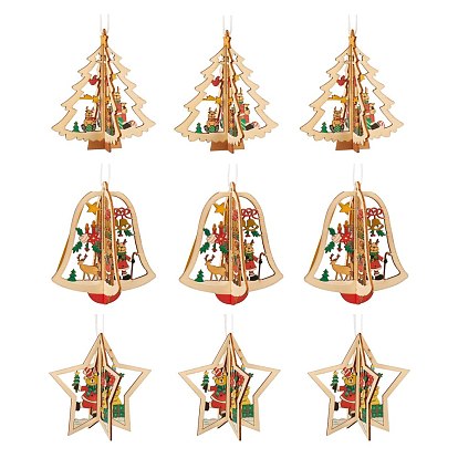 9Pcs 3 Styles Wooden Christmas Mixed Shapes Ornaments, Wood Holiday Hanging Decorations with Rope