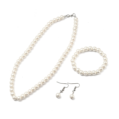 Круглые пластиковые бусины с имитацией жемчуга, серьги-подвески и браслеты, комплекты ювелирных изделий из сплава для женщин