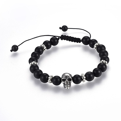 Adjustable Natural Black Agate(Dyed) Braided Bead Bracelets, with Stainless Steel Beads and Tibetan Style Spacer Beads, Skull