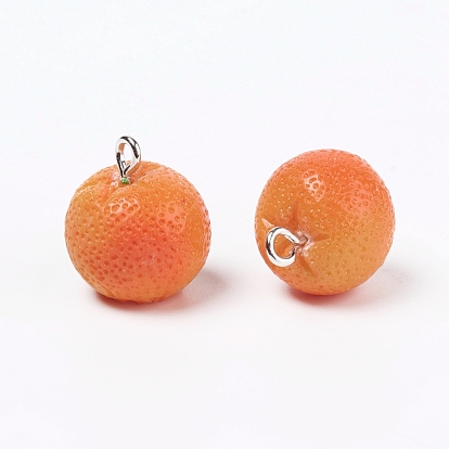 Resin Pendants, with Platinum Plated Iron Findings, Imitation Food, Orange Shape