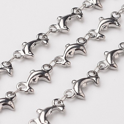304 Stainless Steel Dolphin Link Chains, Decorative Chains, Soldered, with Spool, 12x6x2mm