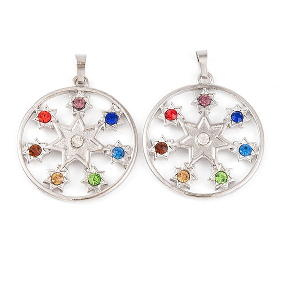 Pendentifs en strass micro pavé en alliage chakra, plaqué longue durée, sans plomb et sans cadmium, plat et circulaire avec étoile
