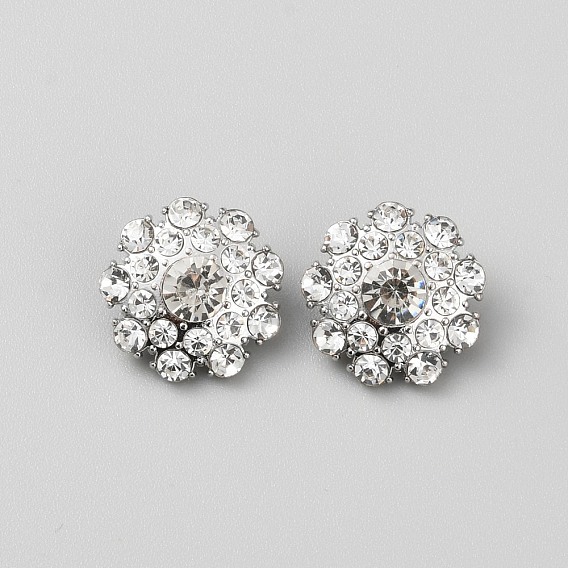 1-Hole Alloy Shank Buttons, with Rhinestone, Flower, Platinum