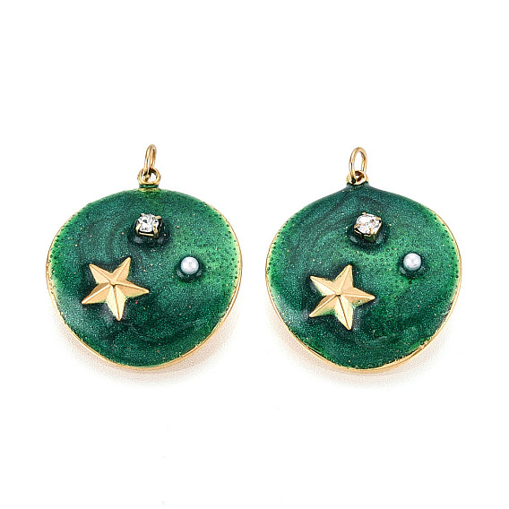 304 подвески из нержавеющей стали с кристаллами паве и эмалированным АБС-пластиком, имитирующим жемчуг, плоские круглые со звездой, с целью перехода в кольце, ионное покрытие (ip), реальный 18 k позолоченный