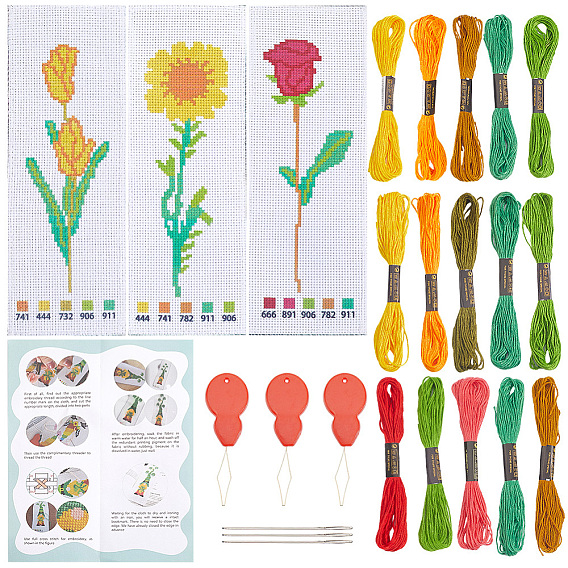 Наборы для вышивки закладок с цветочным узором своими руками, включая нитки для вышивания, иглы и ткань