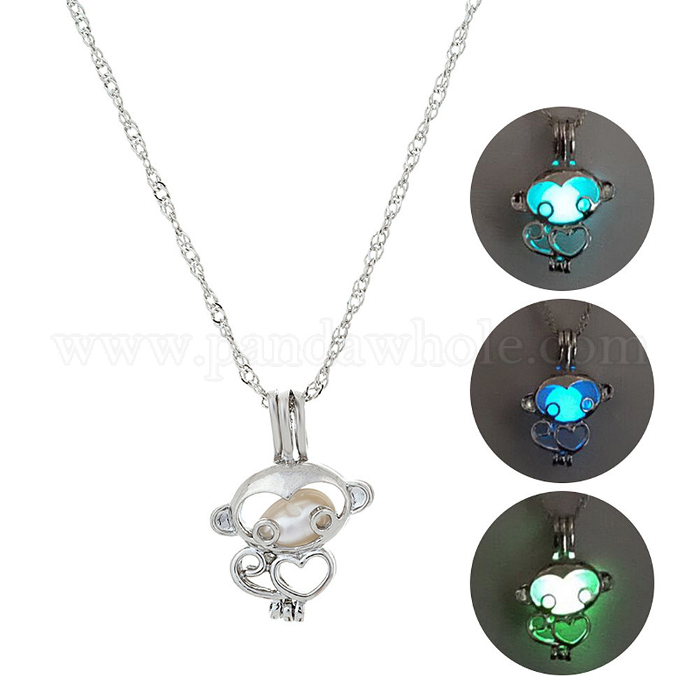 Wholesale Alloy Heart Cage Pendant Necklace with Synthetic Luminaries Stone  