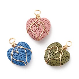 Synthetic Dyed Lava Rock Pendants, with Golden Tone Copper Wire Wrapped, Heart Charm