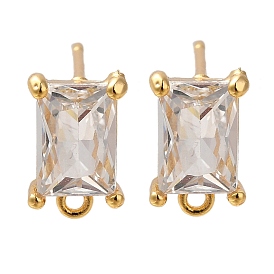 Brass Clear Cubic Zirconia Stud Earrings Finding for Women, with Loop, Rectangle