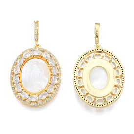 Brass Micro Pave Clear Cubic Zirconia Pendants, with Shell, Nickel Free, Real 18K Gold Plated, Oval with Saint