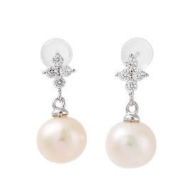 Natural Pearl and Cubic Zirconia Stud Earrings for Women, with Sterling Silver Pins