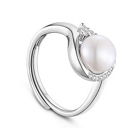 SHEGRACE 925 Sterling Silver Finger Ring, Micro Pave AAA Cubic Zirconia Inclined Drop with Freshwater Pearl, 18mm