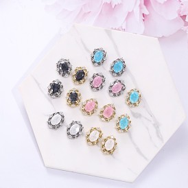Oval Brass Micro Pave Clear Cubic Zirconia Cabochons, with Glass, Nail Gems, Flat Back Shiny Nail Jewels for Women Girls Manicure Nail Art Decoration