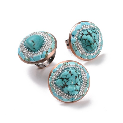 Synthetic Turquoise Nuggets Beaded Adjustable Ring with Crystal Rhinestone, Brass Half Round Wide Ring for Women, Cadmium Free & Lead Free