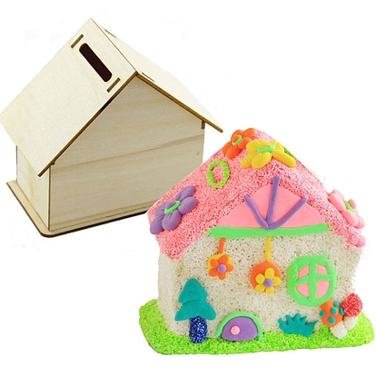 DIY Unfinshed Wooden Children Money Boxes, Home Decorations, with Rope, House