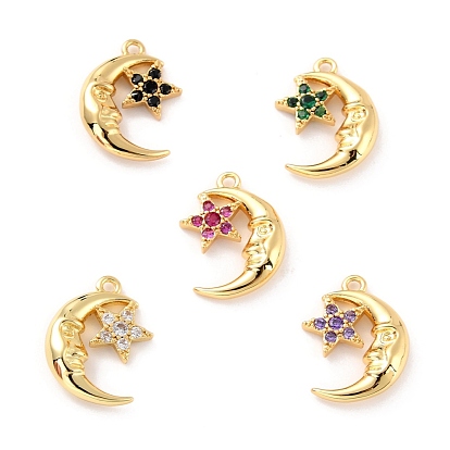 Brass Micro Pave Cubic Zirconia Pendants, The Direction of Product Is Left or Right(Random Delivery), Cadmium Free & Lead Free, Real 18K Gold Plated, Moon