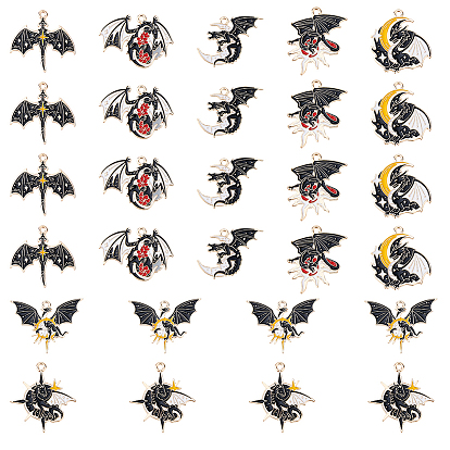 28 Stk. 7 Stile Legierungsemail-Anhänger, Drachen, golden