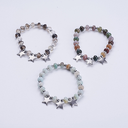 Pierres précieuses perles bracelets extensibles, avec des perles hématites synthétiques non magnétiques et des charmes étoiles en acier inoxydable 304, couleur inox