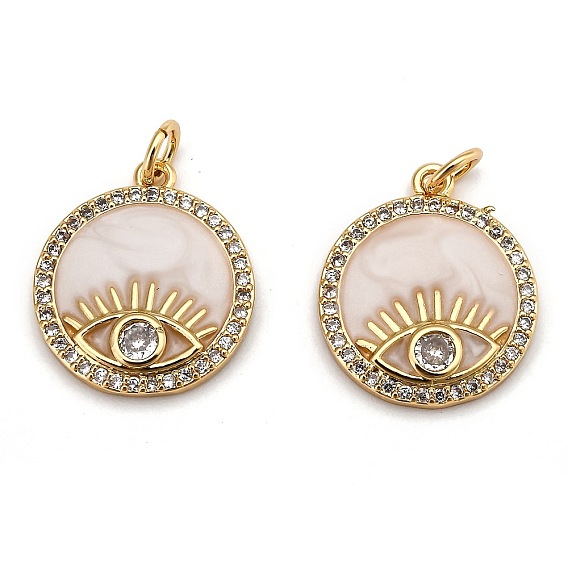Латунные микропаве прозрачные подвески с фианитом, долговечный, с прыжковыми кольцами и эмалью, плоские круглые с глаз